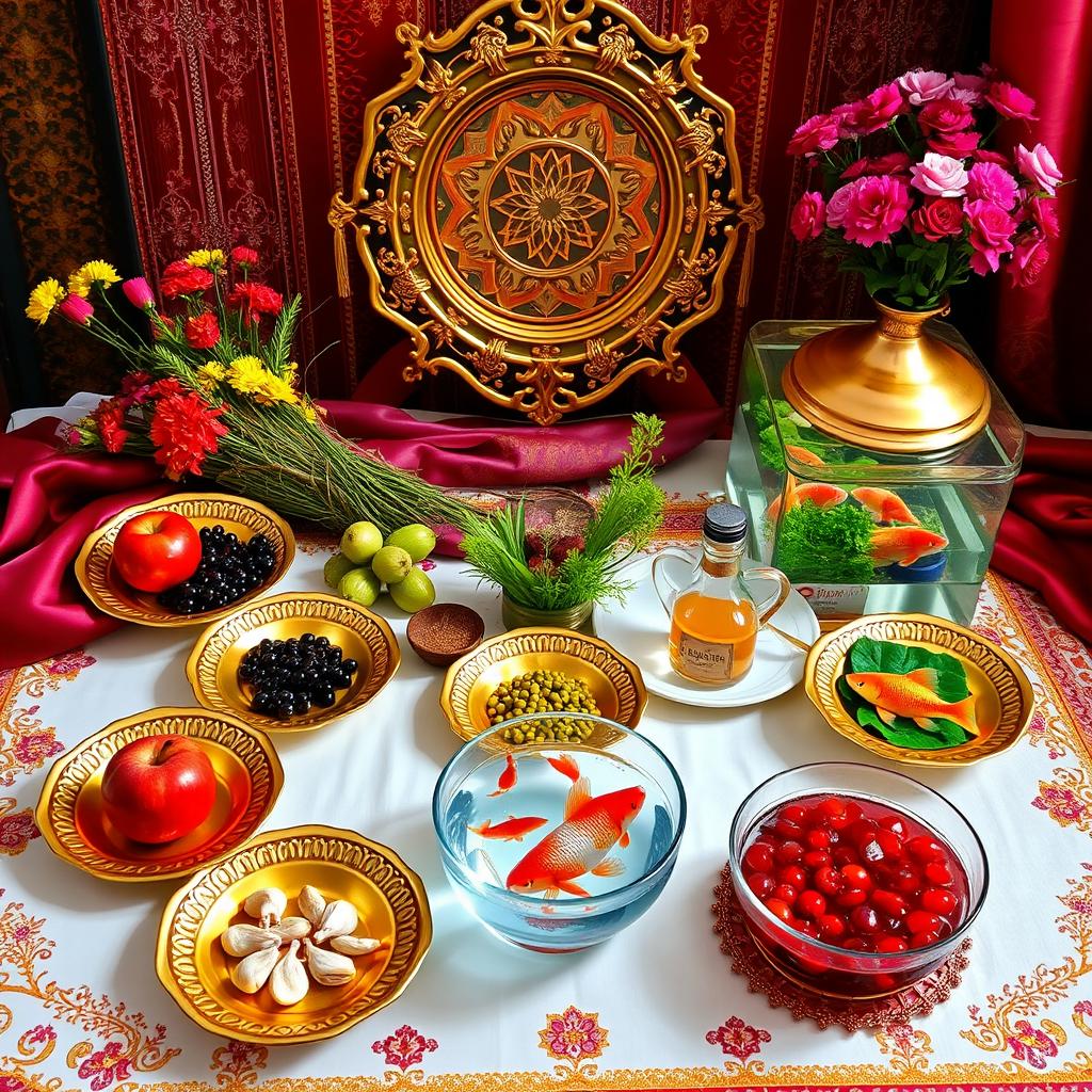 A beautifully arranged Iranian Haft Sin table setting, featuring seven gilded dishes, each containing a symbolic item: a vibrant red apple, clusters of dark elderberries, fragrant samagh (sumac), cloves of garlic, a bottle of vinegary essence, fresh Eid greens, and a bowl of sweet samno