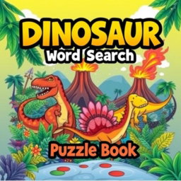 A dynamic and visually appealing cover design for a 'Dinosaur Word Search Puzzle Book'