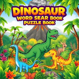 A dynamic and visually appealing cover design for a 'Dinosaur Word Search Puzzle Book'