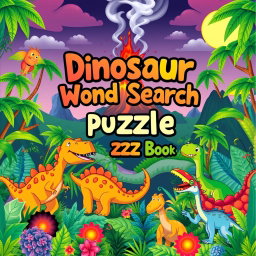 A dynamic and visually appealing cover design for a 'Dinosaur Word Search Puzzle Book'