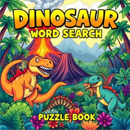 A dynamic and visually appealing cover design for a 'Dinosaur Word Search Puzzle Book'