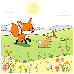 A coloring page featuring a cute wild fox in mid-chase, playfully pursuing a wild adorable rabbit from a distance