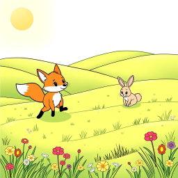A coloring page featuring a cute wild fox in mid-chase, playfully pursuing a wild adorable rabbit from a distance