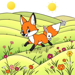 A coloring page featuring a cute wild fox in mid-chase, playfully pursuing a wild adorable rabbit from a distance
