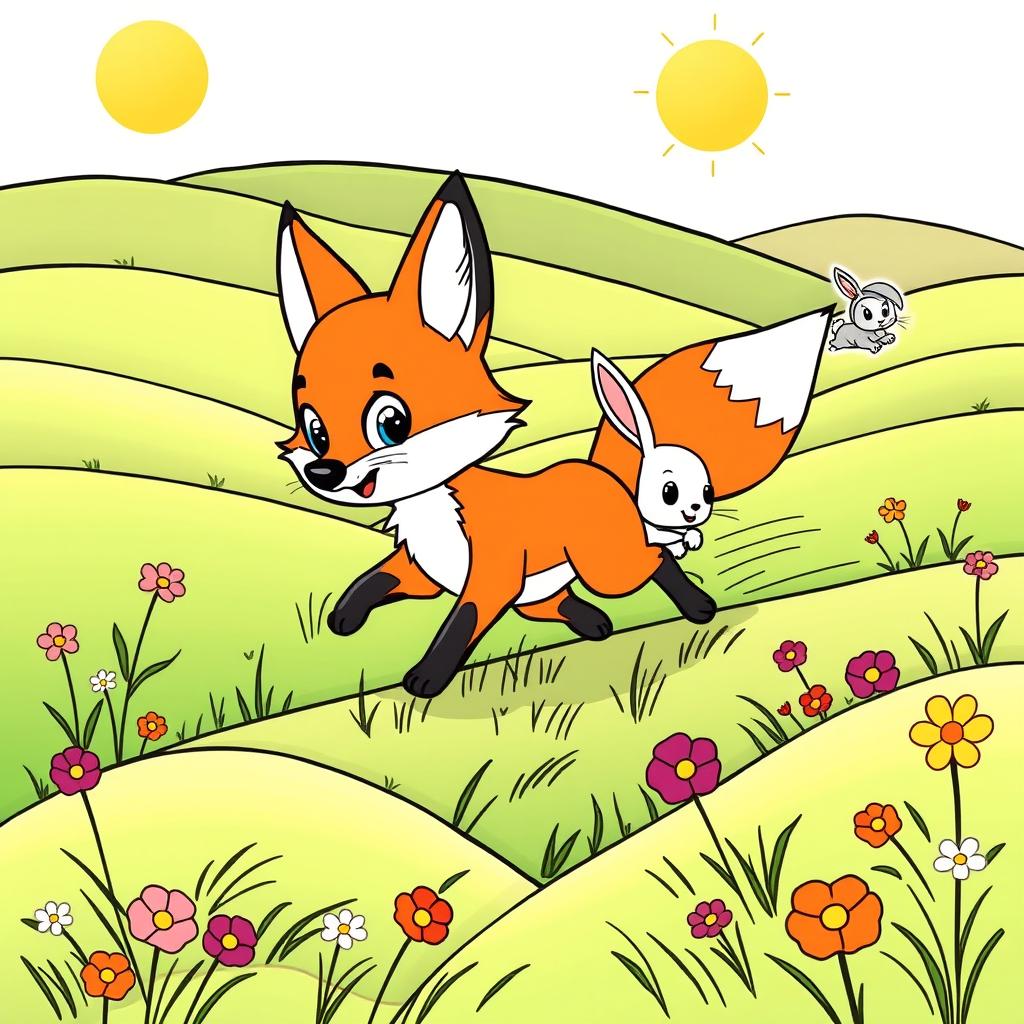 A coloring page featuring a cute wild fox in mid-chase, playfully pursuing a wild adorable rabbit from a distance