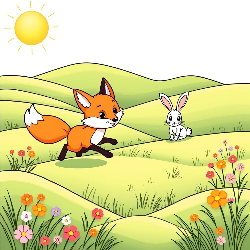 Playful Pursuit: Cute Fox Chasing Rabbit Coloring Page