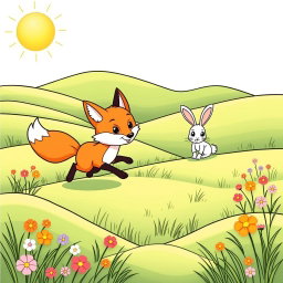 A coloring page featuring a cute wild fox in mid-chase, playfully pursuing a wild adorable rabbit from a distance