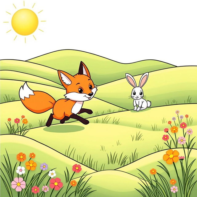 A coloring page featuring a cute wild fox in mid-chase, playfully pursuing a wild adorable rabbit from a distance