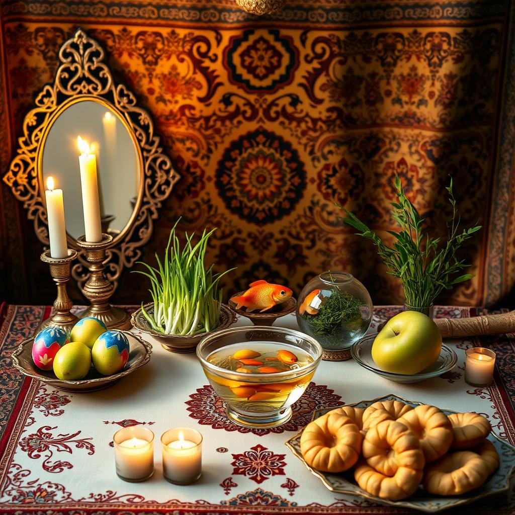 A beautifully arranged traditional Iranian Haft Sin table, featuring seven symbolic items starting with the Persian letter 'S'