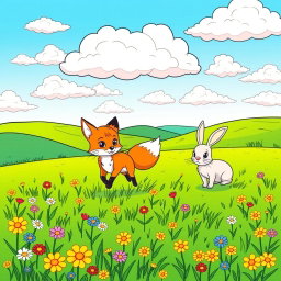 A charming coloring page featuring a cute wild fox playfully chasing a rabbit from a distance in a vibrant, lush green field