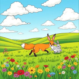 A charming coloring page featuring a cute wild fox playfully chasing a rabbit from a distance in a vibrant, lush green field