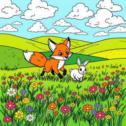 A charming coloring page featuring a cute wild fox playfully chasing a rabbit from a distance in a vibrant, lush green field