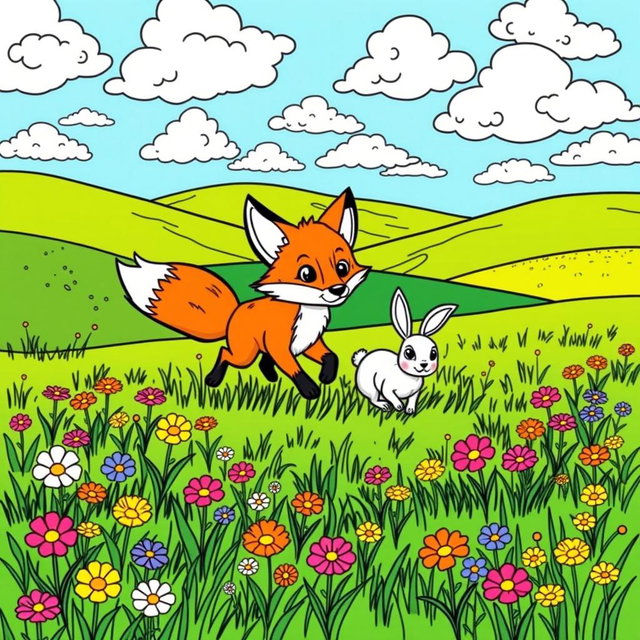 A charming coloring page featuring a cute wild fox playfully chasing a rabbit from a distance in a vibrant, lush green field