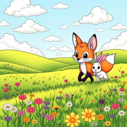 A charming coloring page featuring a cute wild fox playfully chasing a rabbit from a distance in a vibrant, lush green field