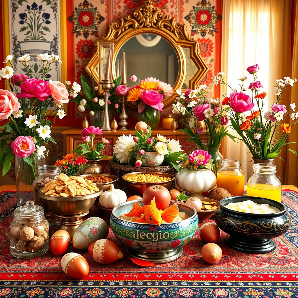 A vibrant and elaborate display of the Iranian Nowruz Haft Sin, featuring a beautifully arranged table adorned with traditional items