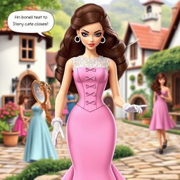 A Disney Barbie character wearing a fitted pastel-colored dress with a tight corset and a flared skirt
