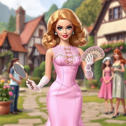 A Disney Barbie character wearing a fitted pastel-colored dress with a tight corset and a flared skirt