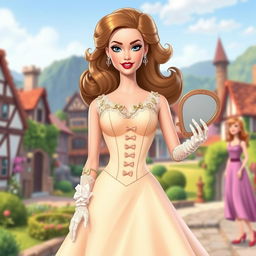 A Disney Barbie character wearing a fitted pastel-colored dress with a tight corset and a flared skirt