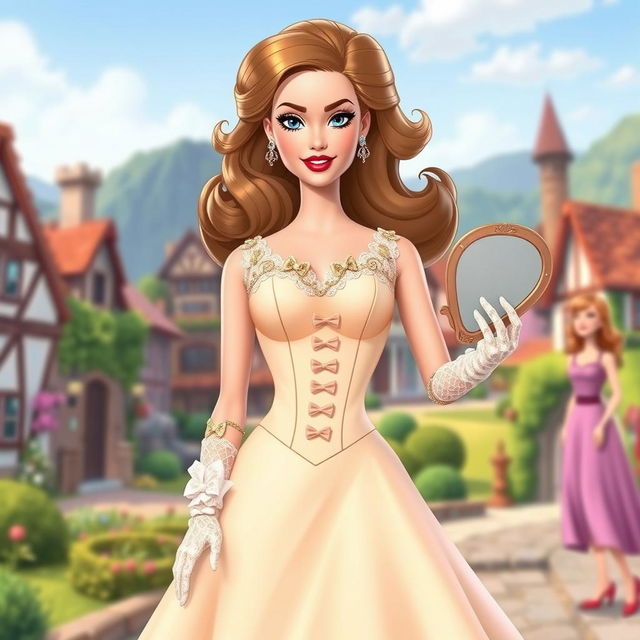 A Disney Barbie character wearing a fitted pastel-colored dress with a tight corset and a flared skirt