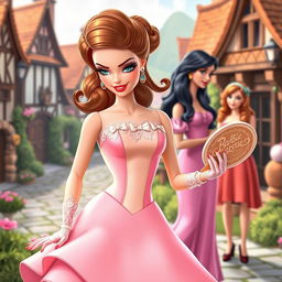 A Disney Barbie character wearing a fitted pastel-colored dress with a tight corset and a flared skirt