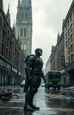 A superhero standing on a rain-soaked street in a dystopian London, towering gothic architecture in the background, the atmosphere filled with dark clouds and neon lights glowing through the mist, showcasing a gritty urban environment