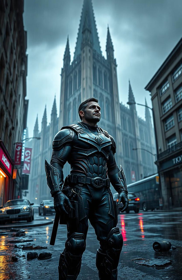 A superhero standing on a rain-soaked street in a dystopian London, towering gothic architecture in the background, the atmosphere filled with dark clouds and neon lights glowing through the mist, showcasing a gritty urban environment