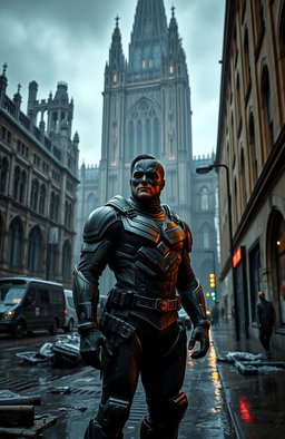 A superhero standing on a rain-soaked street in a dystopian London, towering gothic architecture in the background, the atmosphere filled with dark clouds and neon lights glowing through the mist, showcasing a gritty urban environment