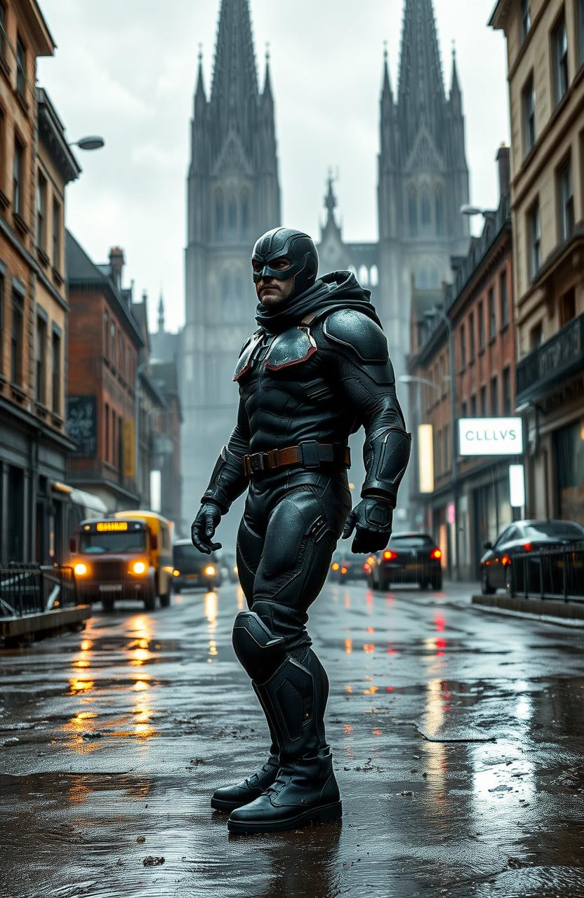 A superhero standing on a rain-soaked street in a dystopian London, towering gothic architecture in the background, the atmosphere filled with dark clouds and neon lights glowing through the mist, showcasing a gritty urban environment