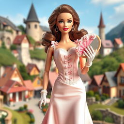 A Barbie doll dressed in a fitted pastel dress featuring a corset-style bodice and a flared skirt
