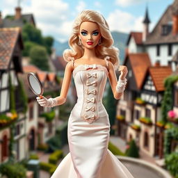 A Barbie doll dressed in a fitted pastel dress featuring a corset-style bodice and a flared skirt