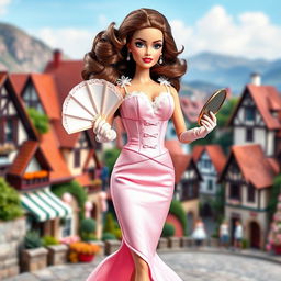 A Barbie doll dressed in a fitted pastel dress featuring a corset-style bodice and a flared skirt