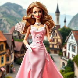 A Barbie doll dressed in a fitted pastel dress featuring a corset-style bodice and a flared skirt