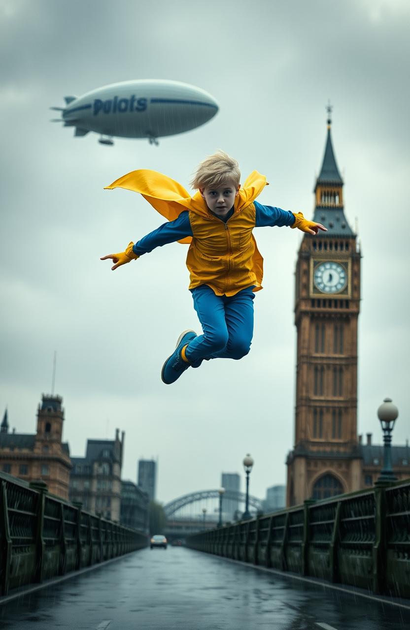 A gritty, dystopian portrayal of London, featuring a young superhero with blonde hair dressed in a bright yellow and blue costume, bouncing fast and high past the iconic Big Ben