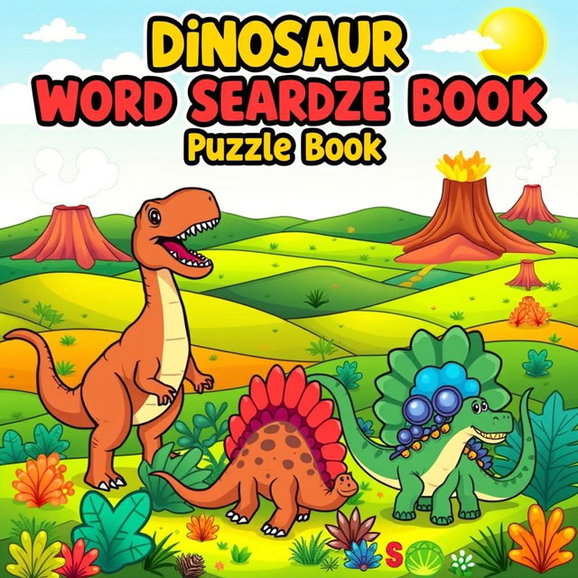 A captivating cover design for a 'Dinosaur Word Search Puzzle Book'