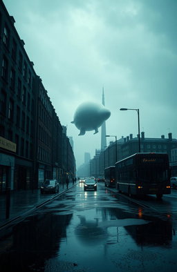 A dystopian scene set in a rainy, gritty London environment, with puddles reflecting the stormy skies