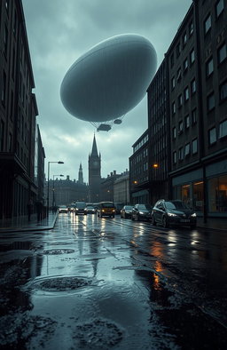 A dystopian scene set in a rainy, gritty London environment, with puddles reflecting the stormy skies
