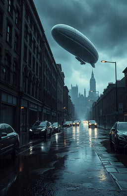 A dystopian scene set in a rainy, gritty London environment, with puddles reflecting the stormy skies