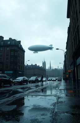 A dystopian scene set in a rainy, gritty London environment, with puddles reflecting the stormy skies