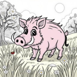A charming coloring page featuring a cute Wild Boar roaming in a sunlit clearing surrounded by tall grass and a few scattered wildflowers