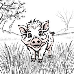 A charming coloring page featuring a cute Wild Boar roaming in a sunlit clearing surrounded by tall grass and a few scattered wildflowers