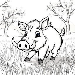 A charming coloring page featuring a cute Wild Boar roaming in a sunlit clearing surrounded by tall grass and a few scattered wildflowers