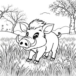 A charming coloring page featuring a cute Wild Boar roaming in a sunlit clearing surrounded by tall grass and a few scattered wildflowers