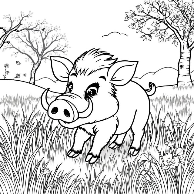 A charming coloring page featuring a cute Wild Boar roaming in a sunlit clearing surrounded by tall grass and a few scattered wildflowers