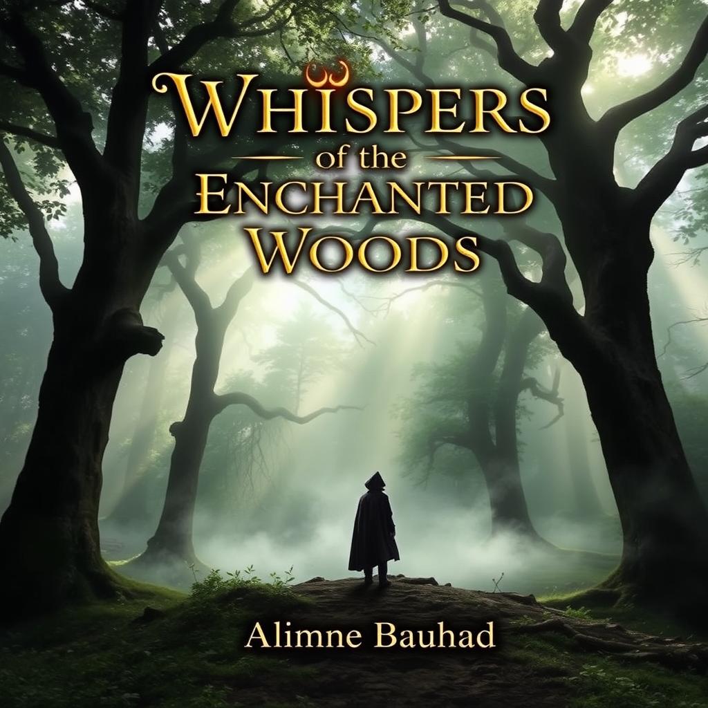 A captivating book cover featuring a mysterious forest shrouded in fog, with towering ancient trees and dappled sunlight breaking through the canopy