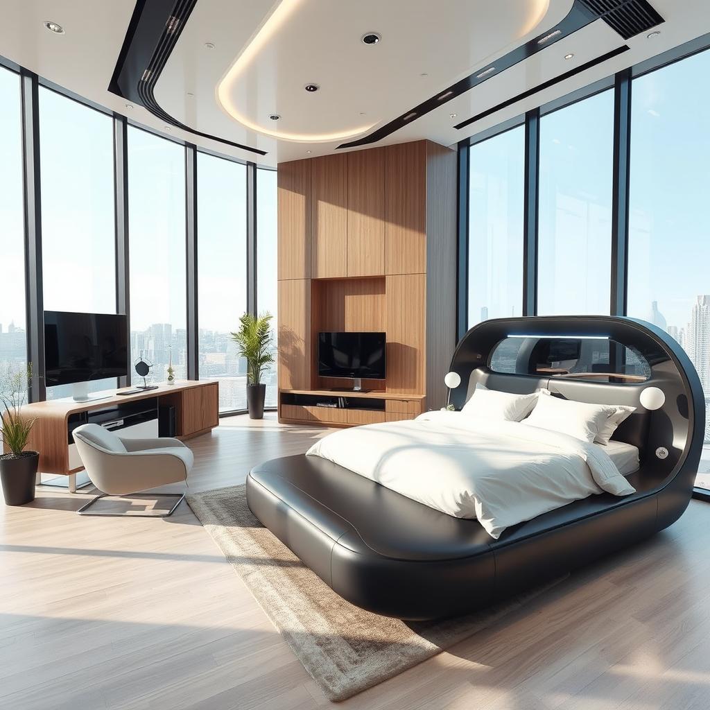 A futuristic and innovative interior design of a living room that can transform into a bedroom and reception area
