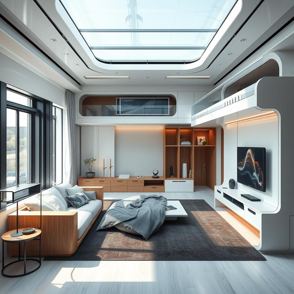 A futuristic and innovative interior design for a living room that can transform into a bedroom and reception area