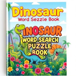 A bright and engaging cover design for a 'Dinosaur Word Search Puzzle Book'