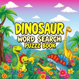 A bright and engaging cover design for a 'Dinosaur Word Search Puzzle Book'