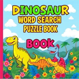 A bright and engaging cover design for a 'Dinosaur Word Search Puzzle Book'