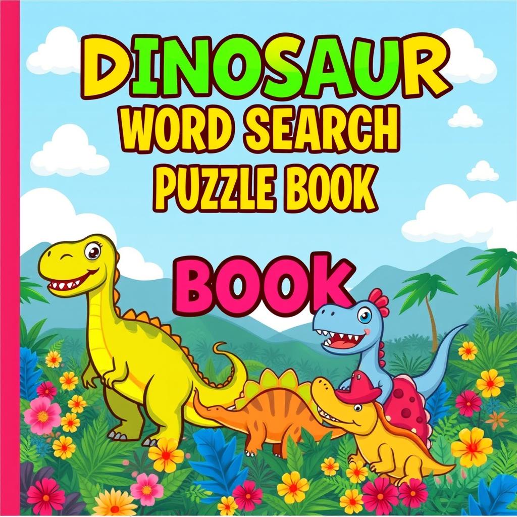 A bright and engaging cover design for a 'Dinosaur Word Search Puzzle Book'